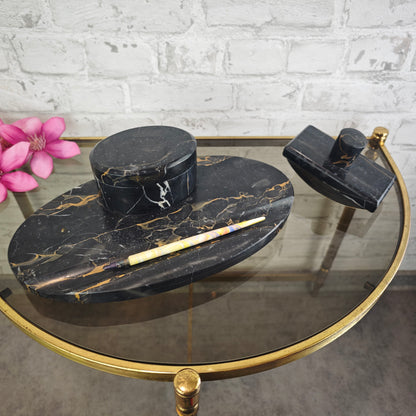 Art Deco Tintenfass Schreibtischset Marmor schwarz mit Löschwiege Glastintenfässer Vintage Schreibtischgarnitur