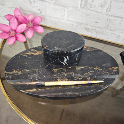 Art Deco Tintenfass Schreibtischset Marmor schwarz mit Löschwiege Glastintenfässer Vintage Schreibtischgarnitur