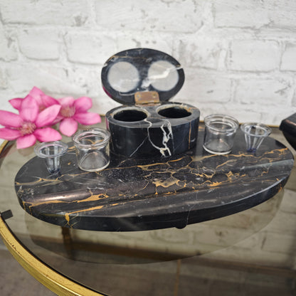 Art Deco Tintenfass Schreibtischset Marmor schwarz mit Löschwiege Glastintenfässer Vintage Schreibtischgarnitur