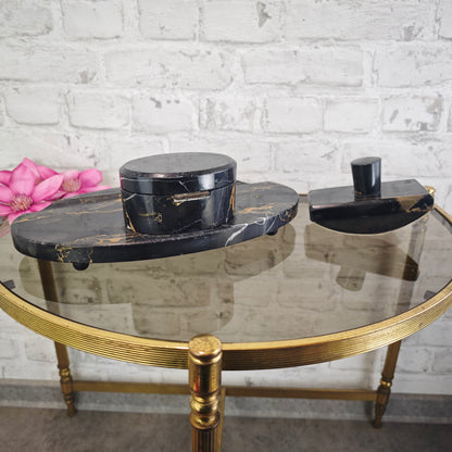 Art Deco Tintenfass Schreibtischset Marmor schwarz mit Löschwiege Glastintenfässer Vintage Schreibtischgarnitur