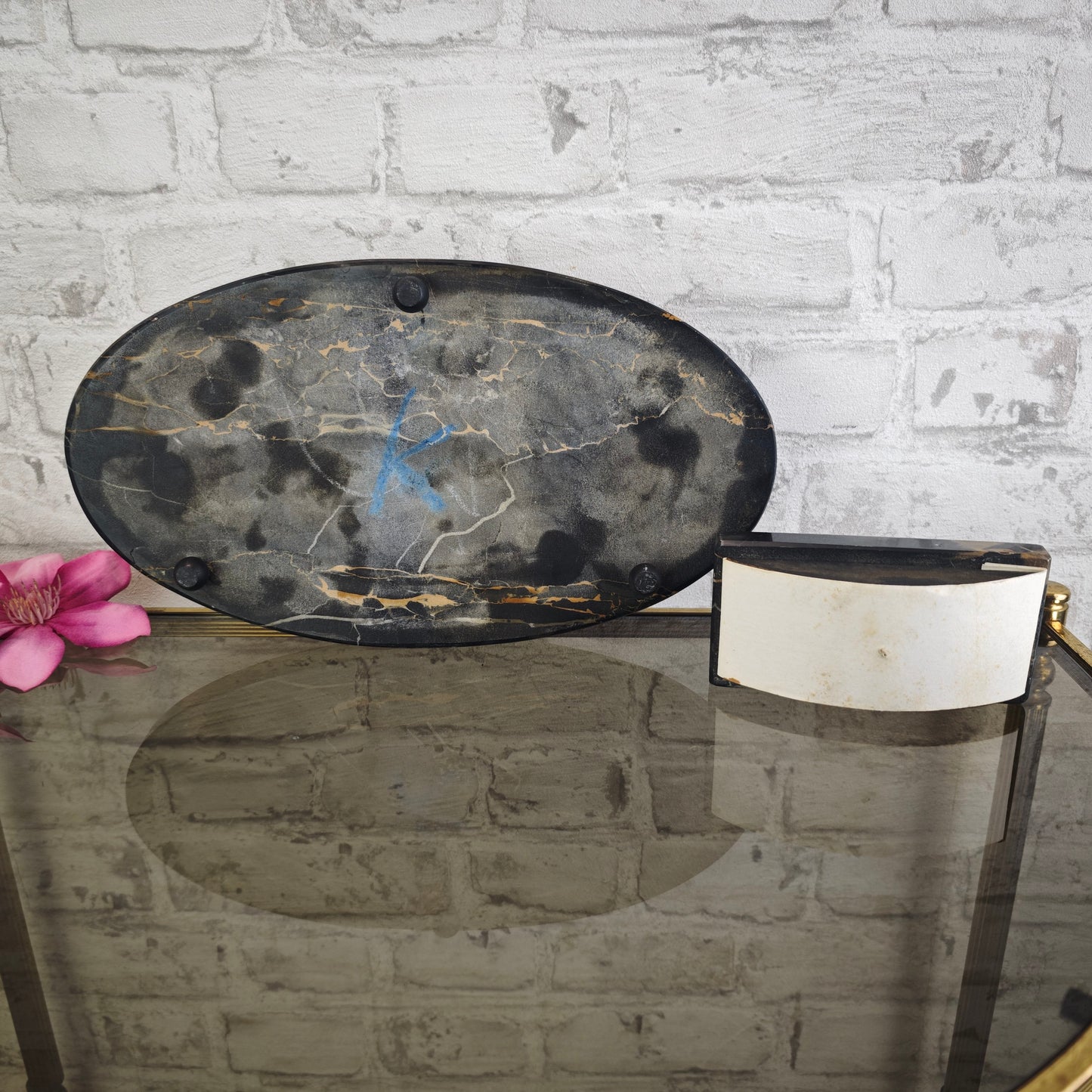 Art Deco Tintenfass Schreibtischset Marmor schwarz mit Löschwiege Glastintenfässer Vintage Schreibtischgarnitur