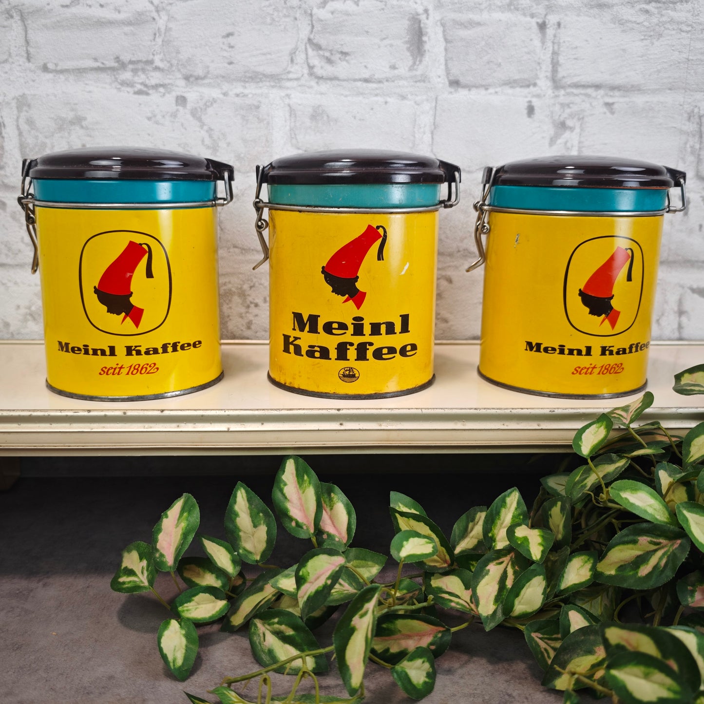 Meinl Kaffee Vorratsdosen Set 3 Stück Gelb Türkis Braun Vintage 1960er Kaffeedosen Retro Küche
