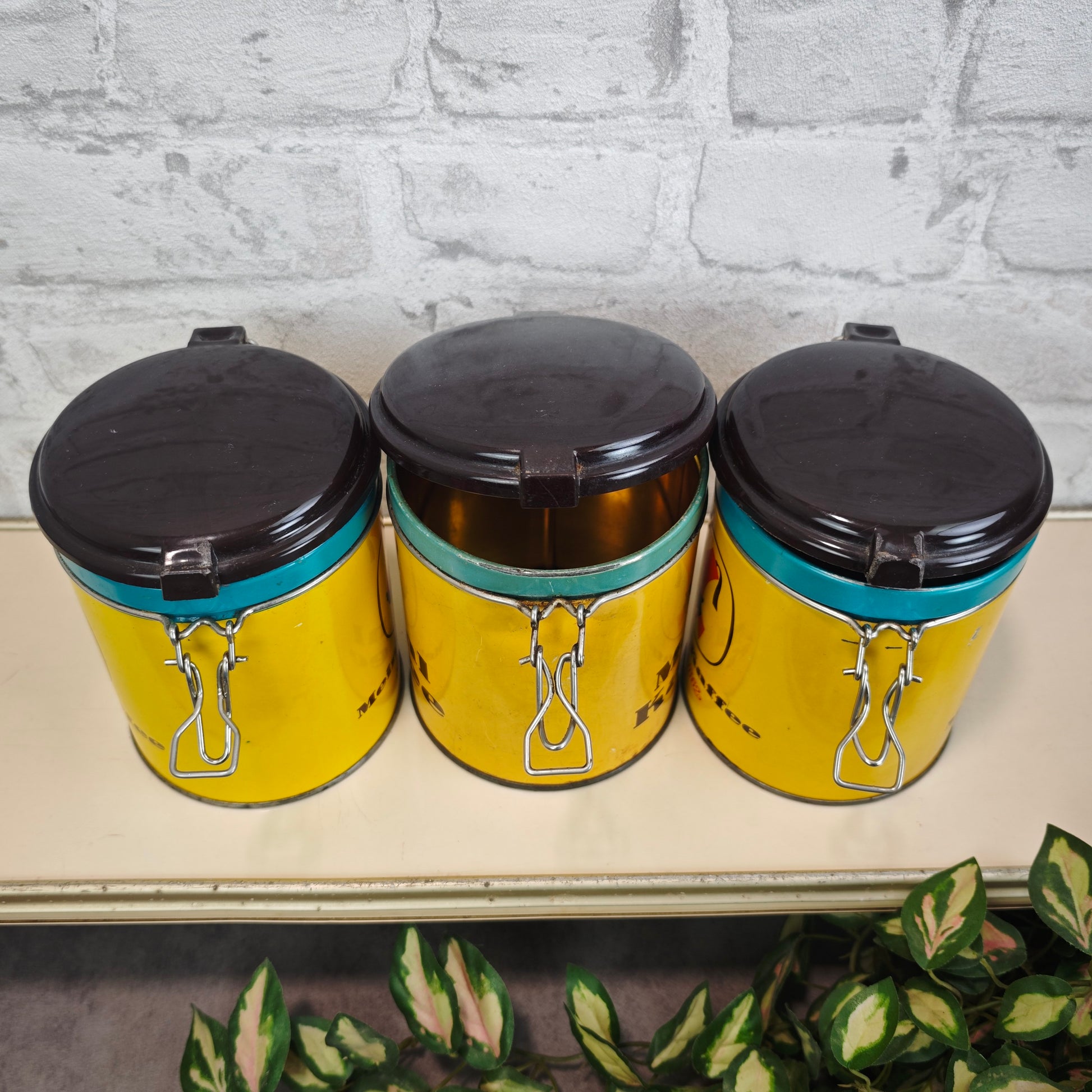 Meinl Kaffee Vorratsdosen Set 3 Stück Gelb Türkis Braun Vintage 1960er Kaffeedosen Retro Küche