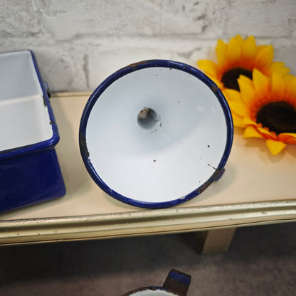 Emaille Set 6 Teile Blau Weiß Vintage Japy-Frères 1920er 1930er Landhaus Küche Backform Trichter Messbecher