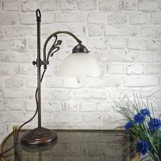 Jugendstil Tischlampe Casablanca West Germany Messing bronze höhenverstellbar mit mattem Glasschirm Blütenform ca 56 cm Vintage Lampe