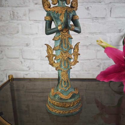 Thai Thepphanom Figur Bronze Patina 38 cm Messingguss stehende Deva Anjali Mudra Tempelwächter Statue Meditationsraum Yoga Deko