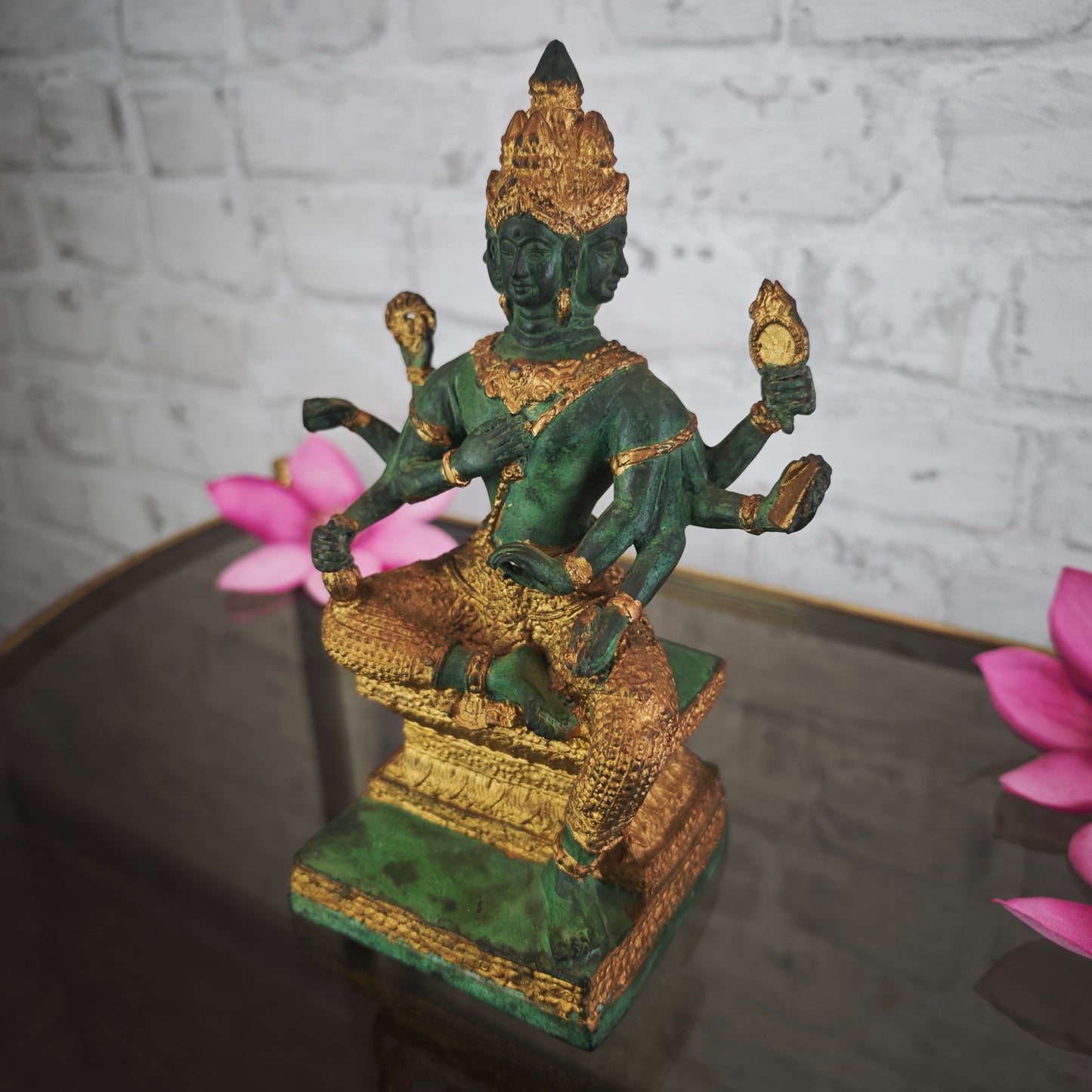 Brahma Statue Bronze Patina 20 cm viergesichtig sitzend Metallguss spirituelle Figur Meditation Yoga Raum Deko