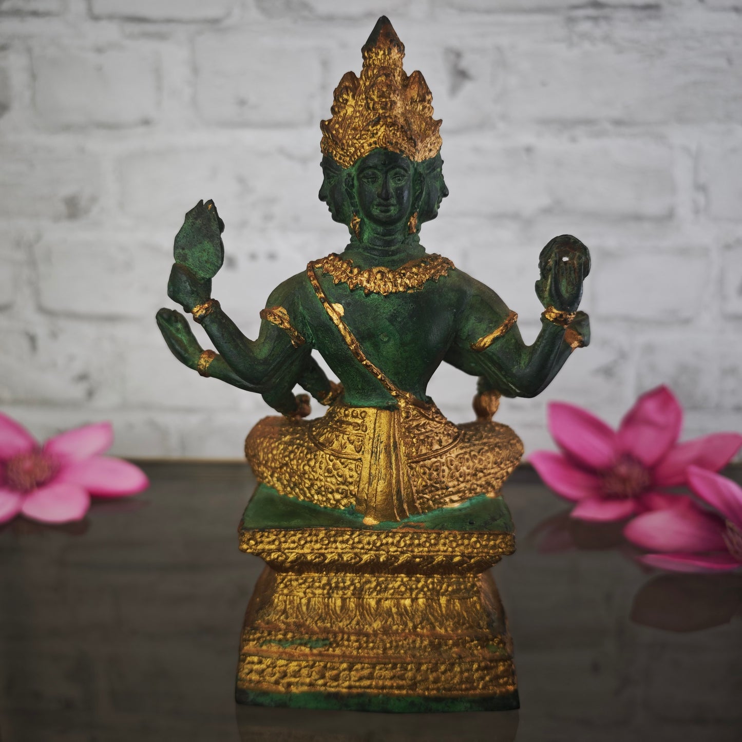 Brahma Statue Bronze Patina 20 cm viergesichtig sitzend Metallguss spirituelle Figur Meditation Yoga Raum Deko