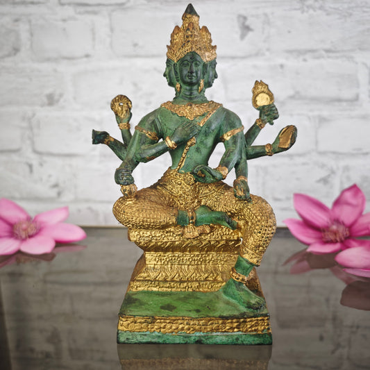 Brahma Statue Bronze Patina 20 cm viergesichtig sitzend Metallguss spirituelle Figur Meditation Yoga Raum Deko