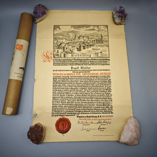 Heidelberg Bürgerrechtsurkunde 1934 August Molitor mit Originalrolle Urkunde Papier Stadturkunde Dokument Zeitgeschichte