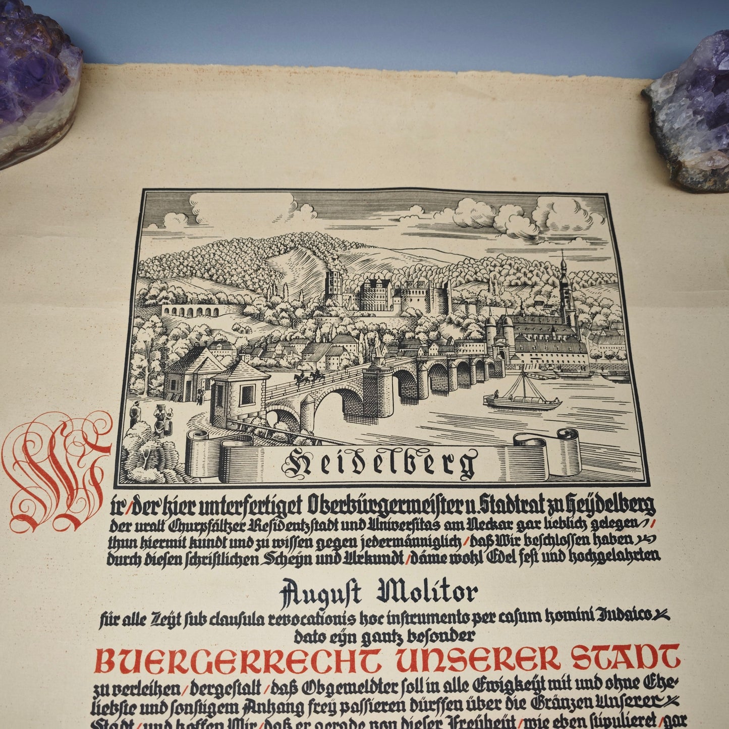 Heidelberg Bürgerrechtsurkunde 1934 August Molitor mit Originalrolle Urkunde Papier Stadturkunde Dokument Zeitgeschichte