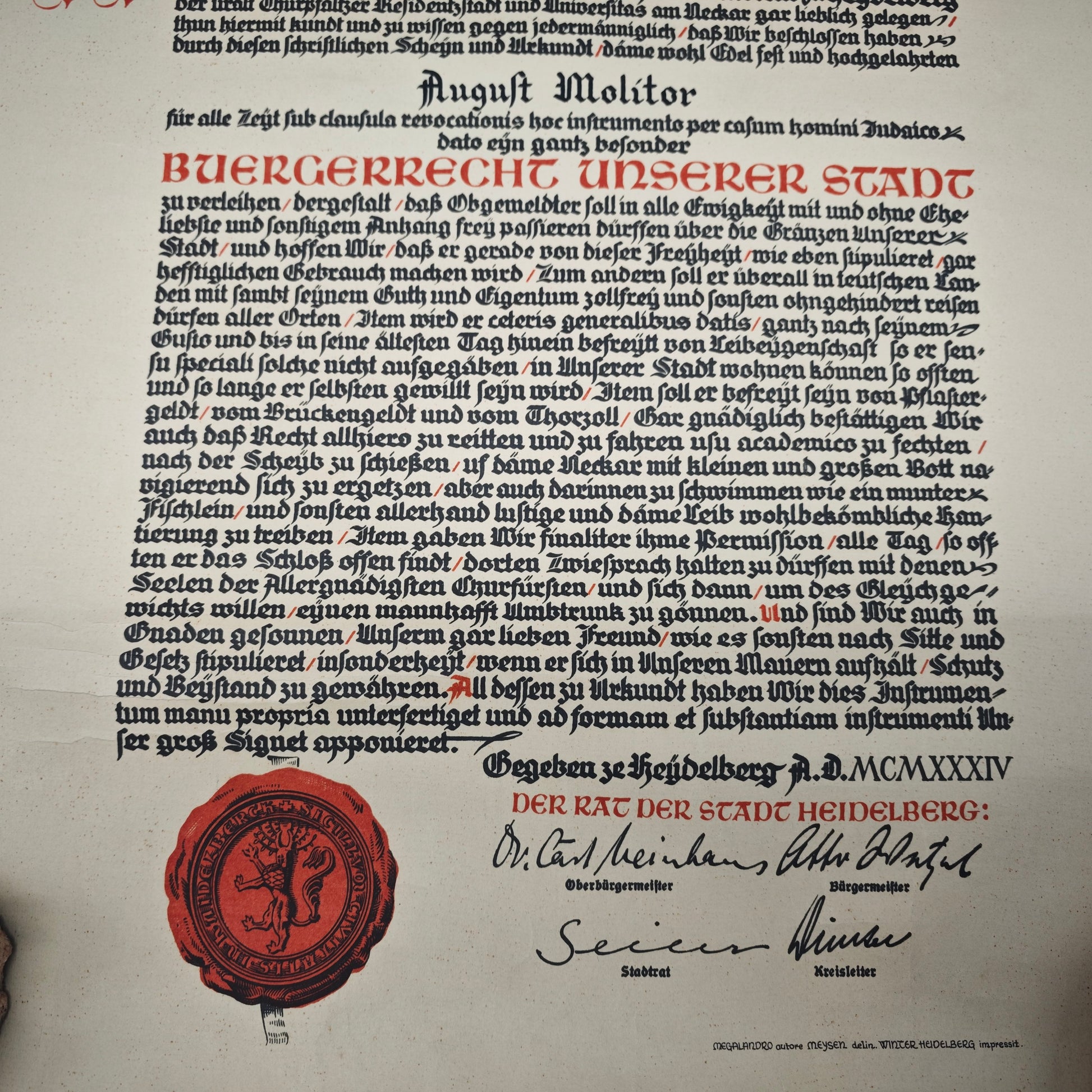 Heidelberg Bürgerrechtsurkunde 1934 August Molitor mit Originalrolle Urkunde Papier Stadturkunde Dokument Zeitgeschichte