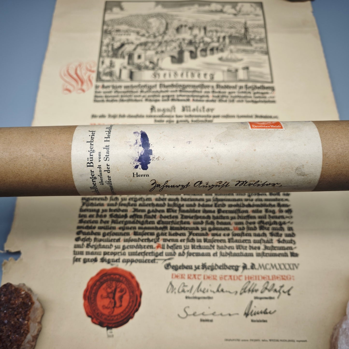 Heidelberg Bürgerrechtsurkunde 1934 August Molitor mit Originalrolle Urkunde Papier Stadturkunde Dokument Zeitgeschichte