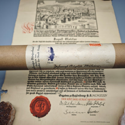Heidelberg Bürgerrechtsurkunde 1934 August Molitor mit Originalrolle Urkunde Papier Stadturkunde Dokument Zeitgeschichte