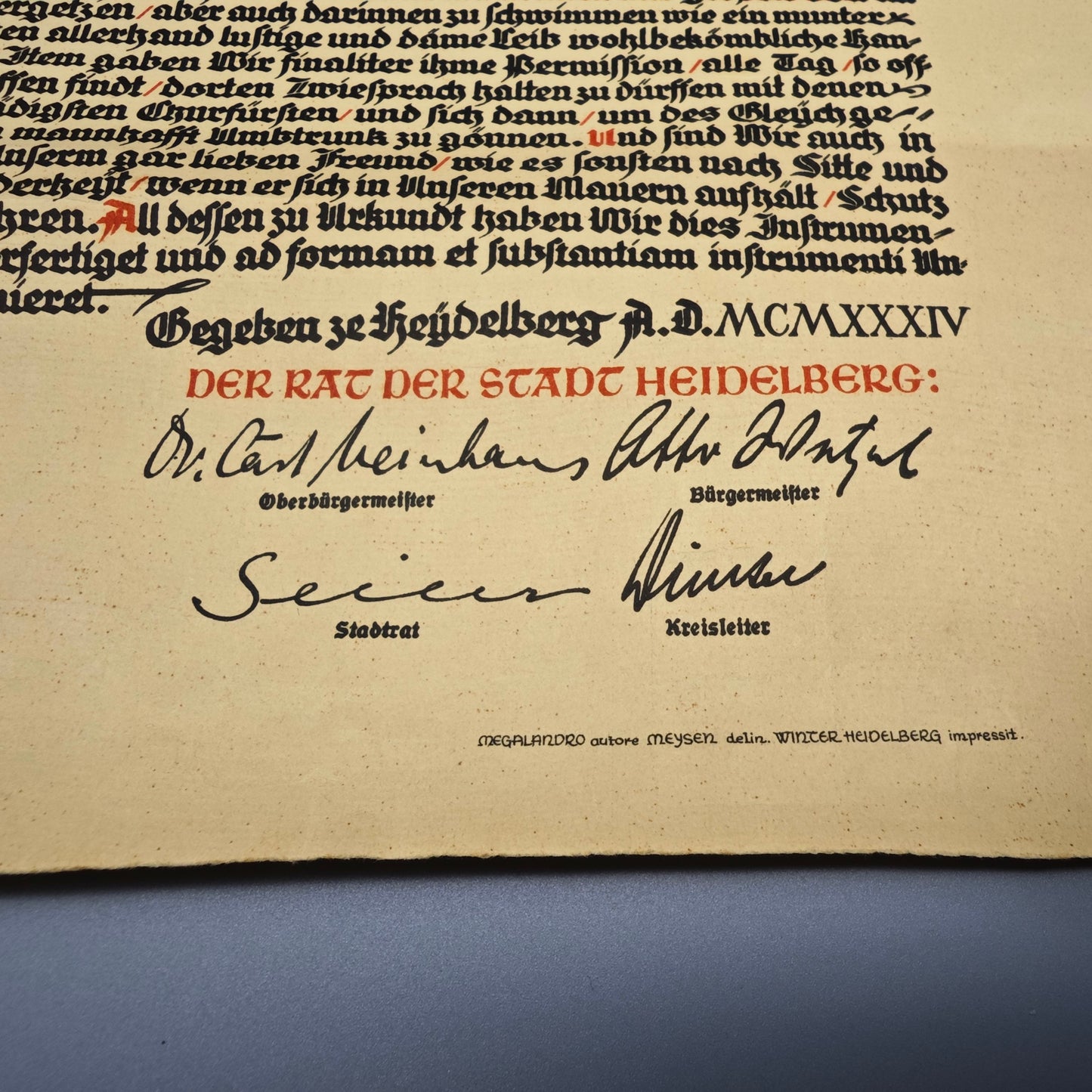 Heidelberg Bürgerrechtsurkunde 1934 August Molitor mit Originalrolle Urkunde Papier Stadturkunde Dokument Zeitgeschichte