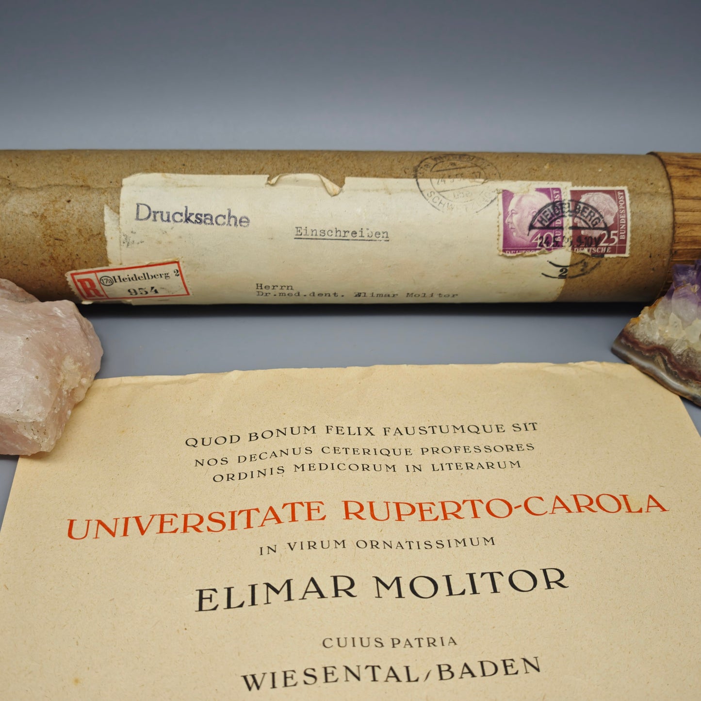 Universität Heidelberg Urkunde Promotion 1955 Doktor Medizin Cum Laude Elimar Molitor mit Originalrolle Zeitgeschichte