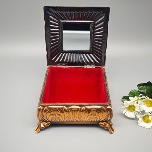 Guban Schmuckschatulle Kupfer Relief quadratisch mit Spiegel Samt innen Vintage Schmuckdose 12,5 cm