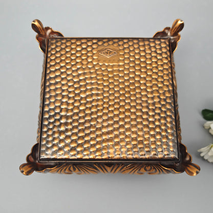 Guban Schmuckschatulle Kupfer Relief quadratisch mit Spiegel Samt innen Vintage Schmuckdose 12,5 cm
