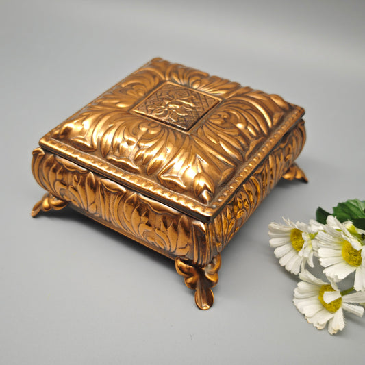 Guban Schmuckschatulle Kupfer Relief quadratisch mit Spiegel Samt innen Vintage Schmuckdose 12,5 cm