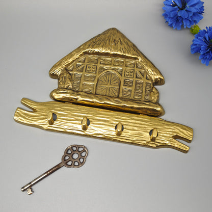 Messing Schlüsselbrett mit Reetdachhaus Motiv Hakenleiste Landhaus Stil Wanddeko 20 cm Vintage