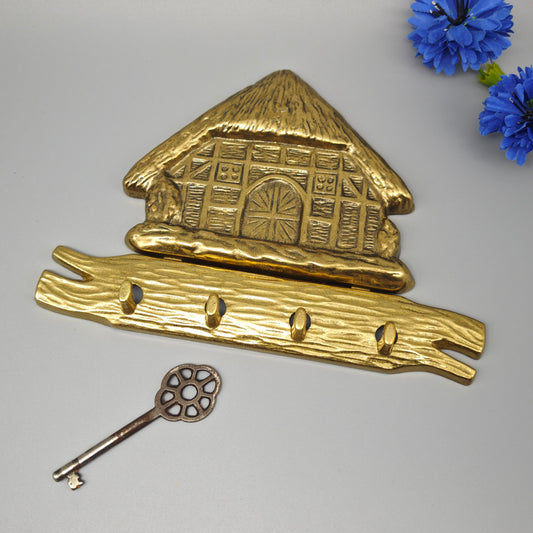 Messing Schlüsselbrett mit Reetdachhaus Motiv Hakenleiste Landhaus Stil Wanddeko 20 cm Vintage