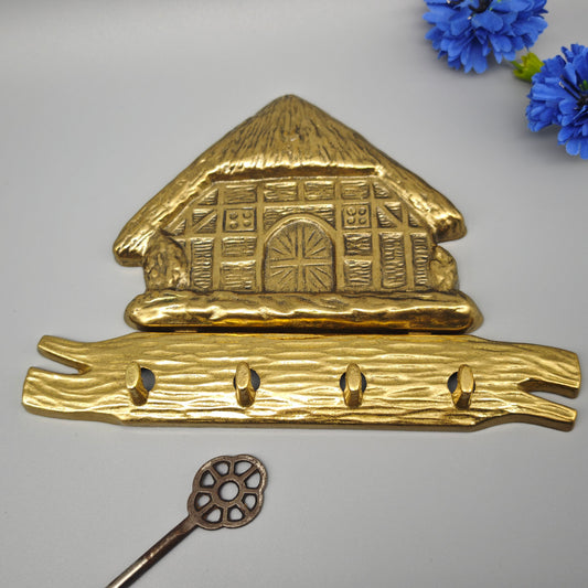 Messing Schlüsselbrett mit Reetdachhaus Motiv Hakenleiste Landhaus Stil Wanddeko 20 cm Vintage