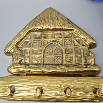 Messing Schlüsselbrett mit Reetdachhaus Motiv Hakenleiste Landhaus Stil Wanddeko 20 cm Vintage