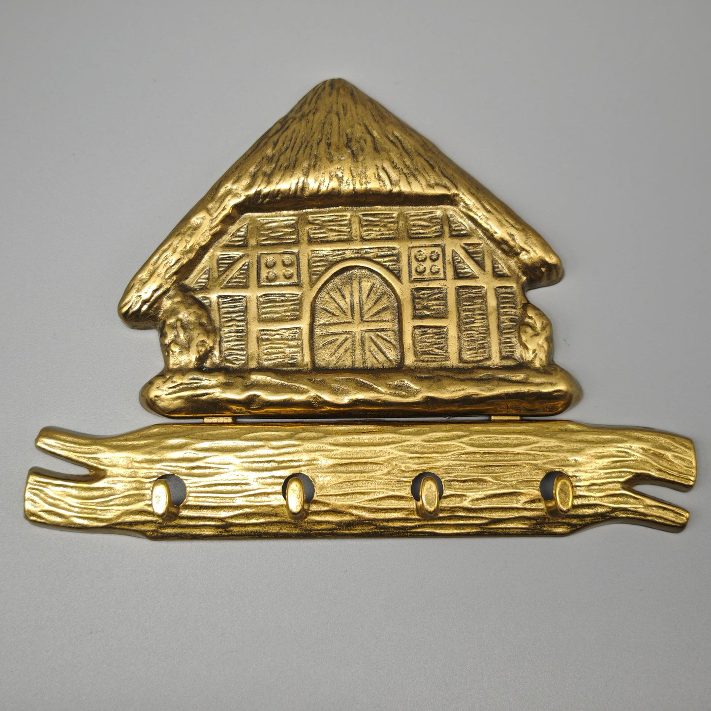 Messing Schlüsselbrett mit Reetdachhaus Motiv Hakenleiste Landhaus Stil Wanddeko 20 cm Vintage