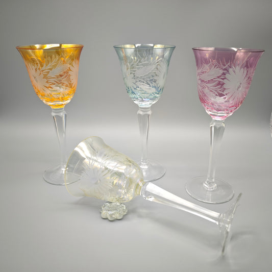 Kristall Weingläser bunt geschliffen 4er Set Blütenschliff 19,5 cm farbiges Trinkglas Colorful Glassware vintage