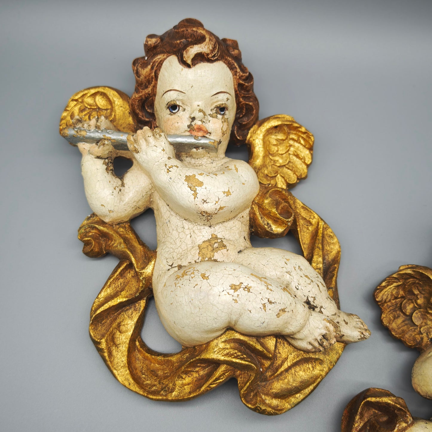 Engel Putten Holz geschnitzt musizierende Wanddeko Paar Gold Weiss C.H. 25 cm Barock Stil Vintage Set