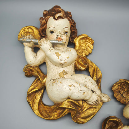 Engel Putten Holz geschnitzt musizierende Wanddeko Paar Gold Weiss C.H. 25 cm Barock Stil Vintage Set