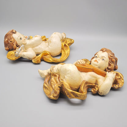 Engel Putten Holz geschnitzt musizierende Wanddeko Paar Gold Weiss C.H. 25 cm Barock Stil Vintage Set