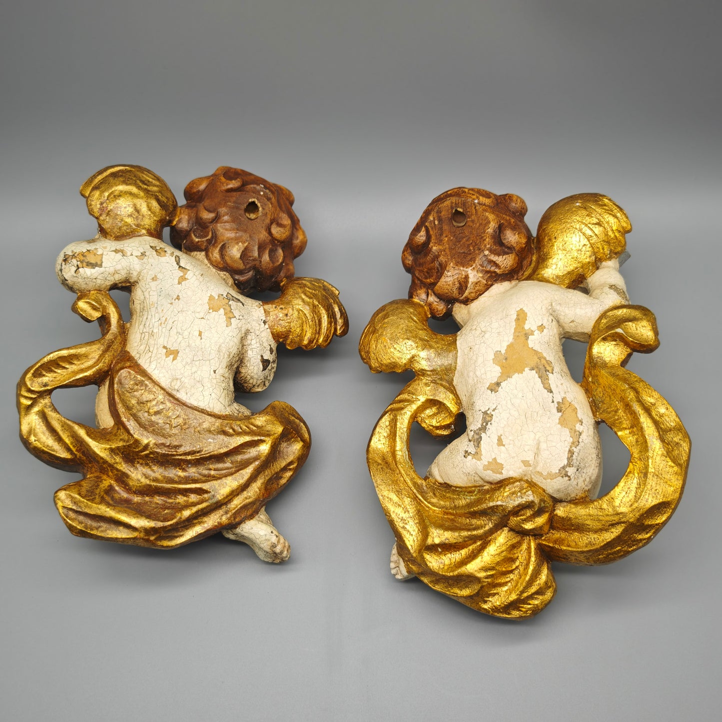 Engel Putten Holz geschnitzt musizierende Wanddeko Paar Gold Weiss C.H. 25 cm Barock Stil Vintage Set