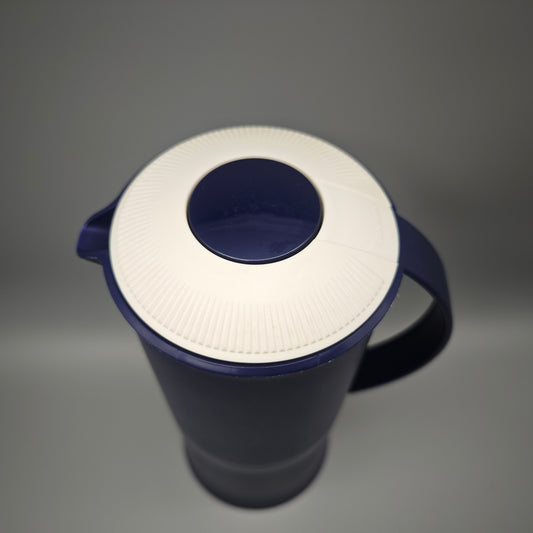 Tupperware Thermowächter 1L Kaffeekanne blau weiß Isolierkanne mit Druckverschluss Kunststoff Vintage Küchenaccessoire