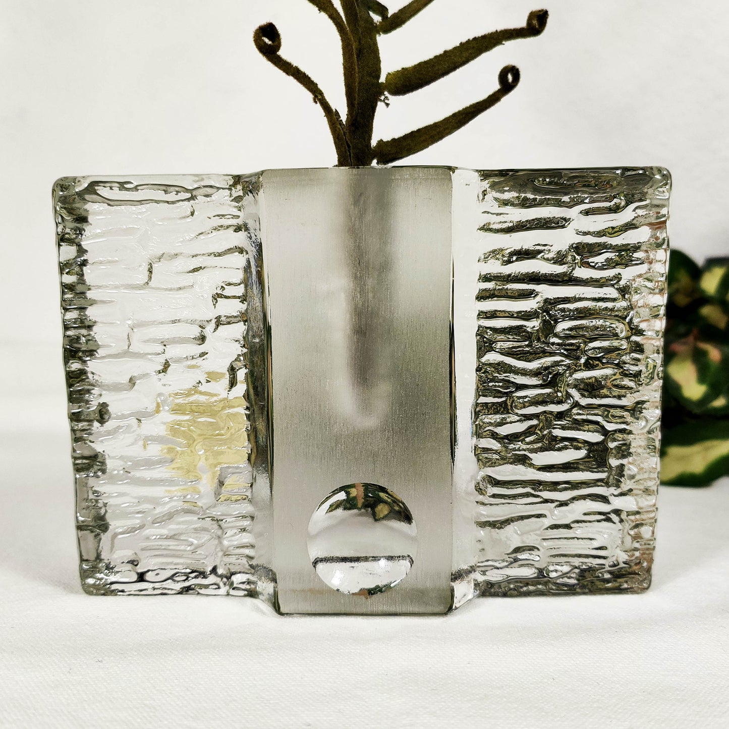 Blockvase Walther Design Glas Vase Eisglas brutalistisch 70er Handarbeit Solifleur Ikebana Einzelblüte Einzelblume space age Minimalismus