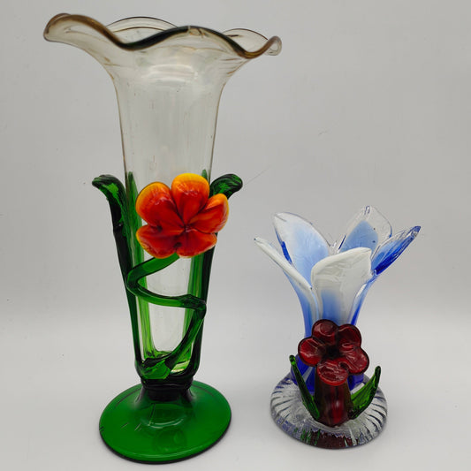 2x Glasvasen Blumen mundgeblasen Kunsthandwerk Set Handarbeit floral Blüte Blätter grün blau rot gelb Glaskunst