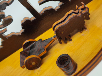 Stiftehalter Holz Diorama Schreibtischdekoration Zettelhalter Visitenkartenständer Bäume Ochsenkarren Landschaft Briefhalter Geldgeschenk Handarbeit