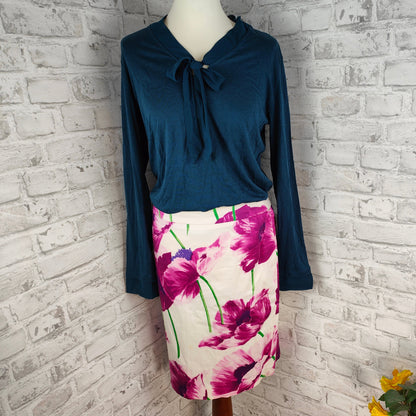 2-teiliges Outfit Bleistiftrock lila weiß violett grün Mohnblumen Druck & Schluppenbluse Gr. L petrol blau langarm Chiffon Schleife Style Bundle Bekleidungs Set