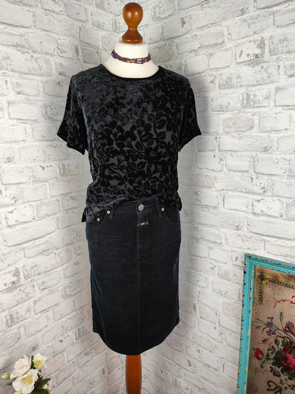 2-teiliges Outfit Set Samt Rock schwarz Velour Samtrock Minirock Closed & Oberteil Ausbrennersamt floral Blumen Muster Seidensamt Top Gothic festlich Dark Style Bundle Kombination Bekleidung