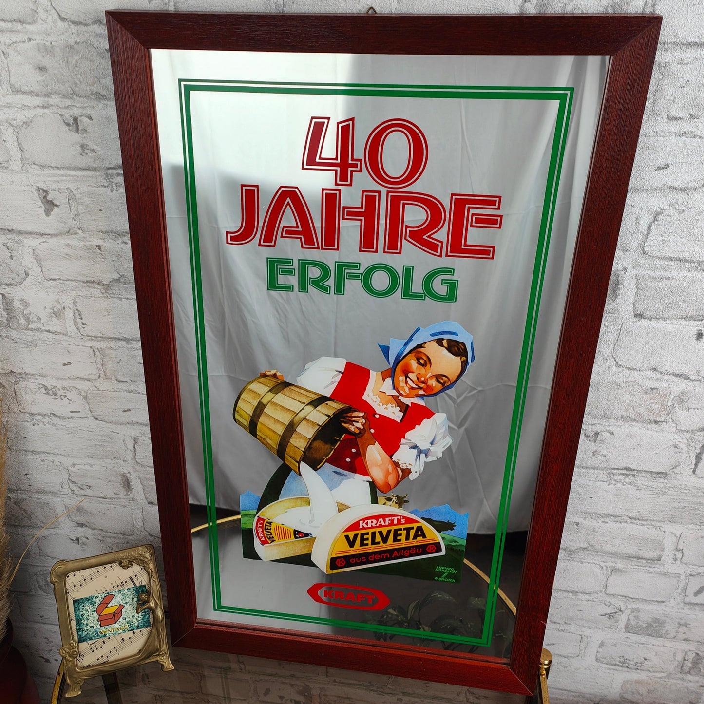 Werbespiegel Kraft 40 Jahre Erfolg Velveta Allgäu Jubiläum Reklame Spiegel Werbung Schild Rarität 60er Landhaus vintage advertising mirror