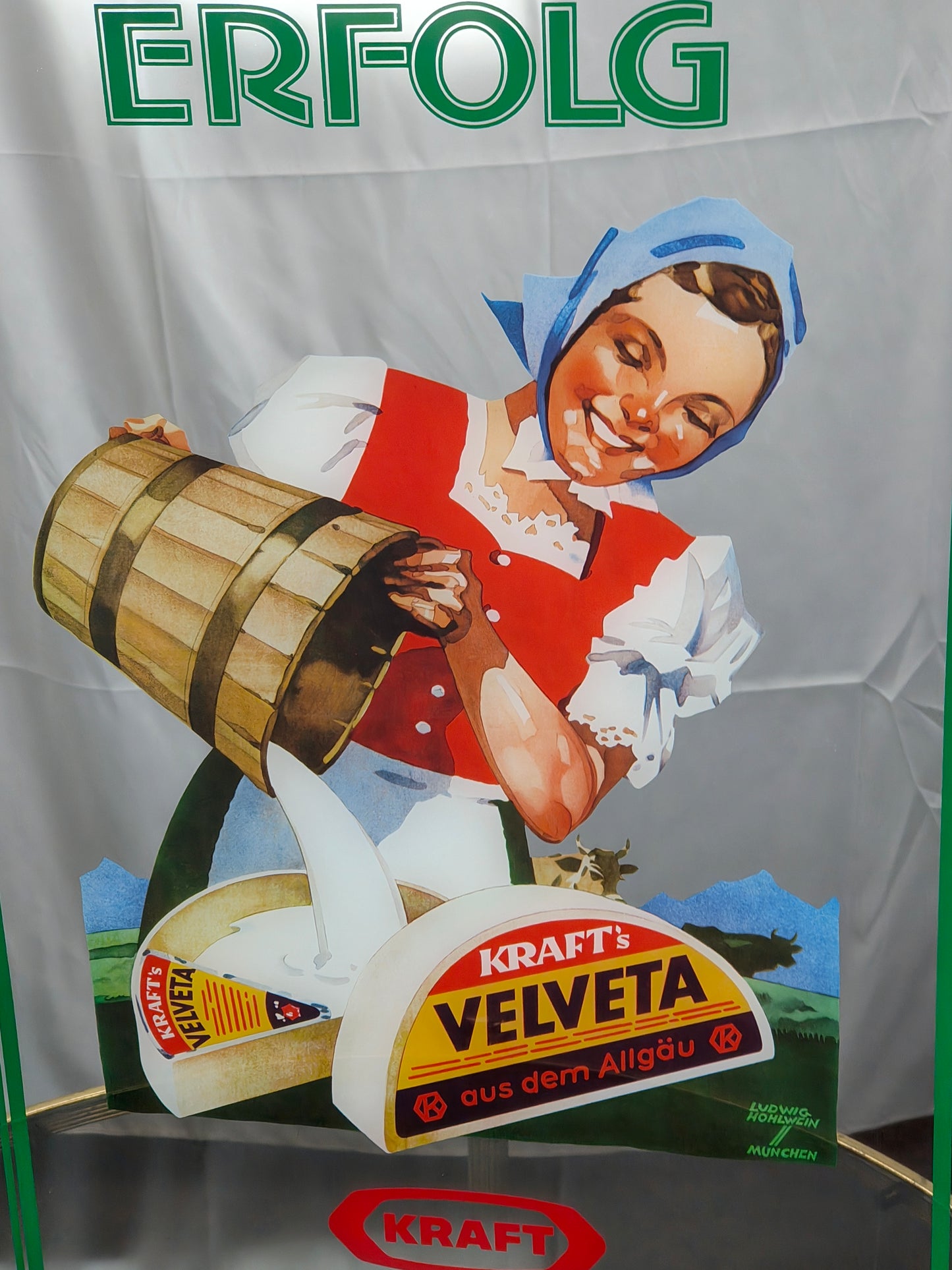 Werbespiegel Kraft 40 Jahre Erfolg Velveta Allgäu Jubiläum Reklame Spiegel Werbung Schild Rarität 60er Landhaus vintage advertising mirror