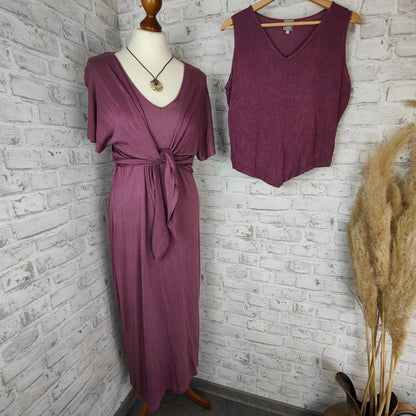 3-teiliges Outfit Set Seide Leinen Maxikleid bodenlang & Oberteil & Bolero aubergine violett lila pflaume Hippie Goa Kleid Shrug Jäckchen Top Hauskleid Sommer Kleidung Kombination Style Bundle