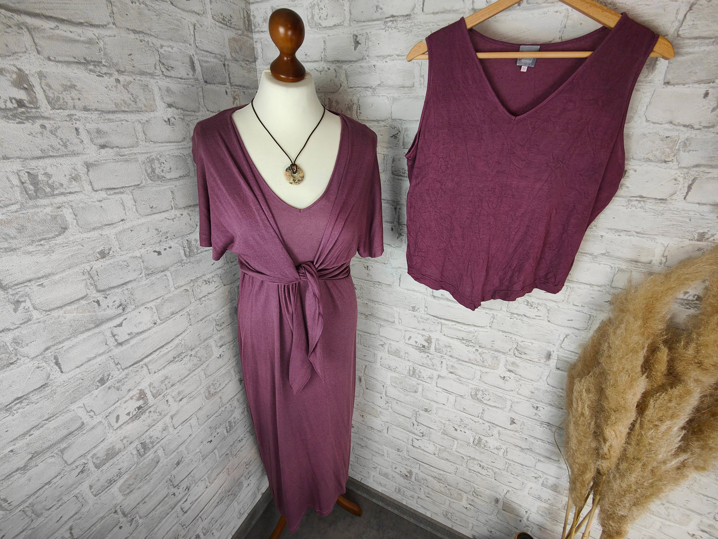 3-teiliges Outfit Set Seide Leinen Maxikleid bodenlang & Oberteil & Bolero aubergine violett lila pflaume Hippie Goa Kleid Shrug Jäckchen Top Hauskleid Sommer Kleidung Kombination Style Bundle