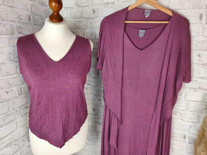 3-teiliges Outfit Set Seide Leinen Maxikleid bodenlang & Oberteil & Bolero aubergine violett lila pflaume Hippie Goa Kleid Shrug Jäckchen Top Hauskleid Sommer Kleidung Kombination Style Bundle