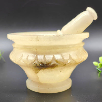 Mörser und Stößel Alabaster geschnitzt 12 cm Mortar Pestle Pistill Stein Spanien Kräuter Küche Gewürze Apotheke Dekoration Handarbeit