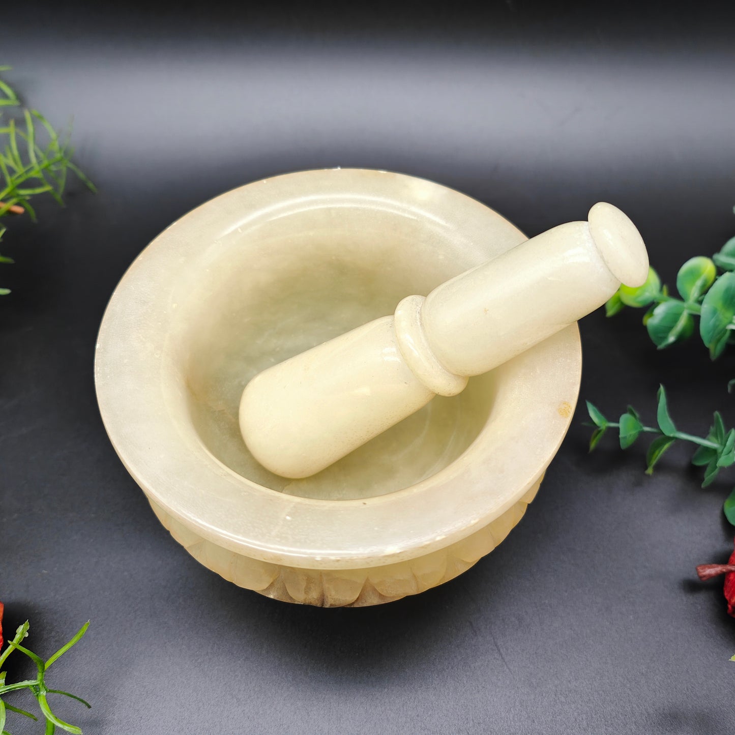 Mörser und Stößel Alabaster geschnitzt 12 cm Mortar Pestle Pistill Stein Spanien Kräuter Küche Gewürze Apotheke Dekoration Handarbeit