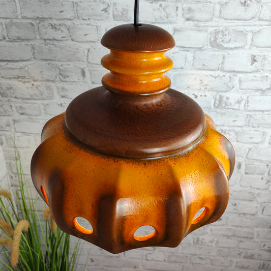 Fat Lava UFO Lampe orange braun Hängelampe Pendelleuchte Mid Century Keramik West German pottery 60s 70s Design Kürbis Deckenlampe Leuchte