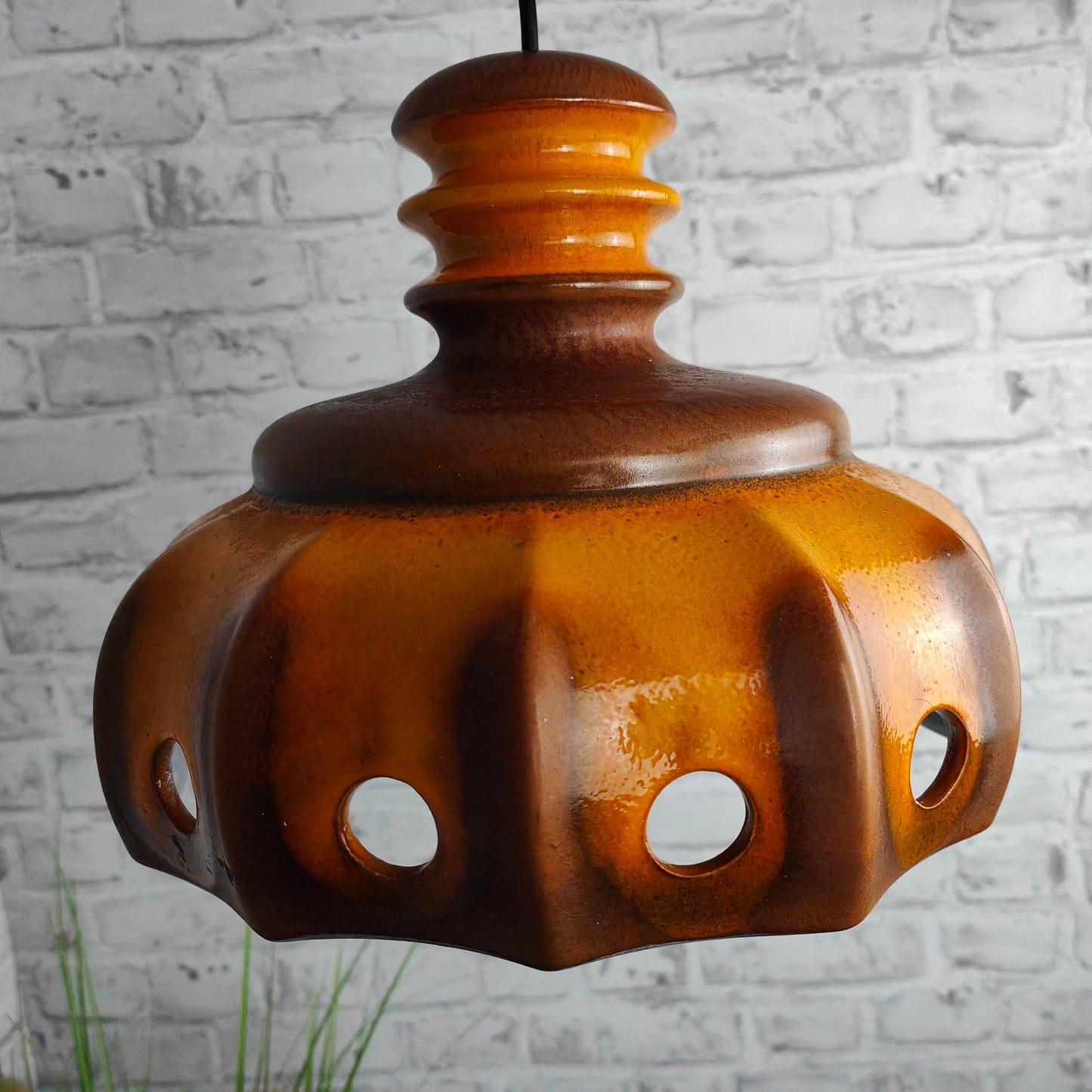 Fat Lava UFO Lampe orange braun Hängelampe Pendelleuchte Mid Century Keramik West German pottery 60s 70s Design Kürbis Deckenlampe Leuchte