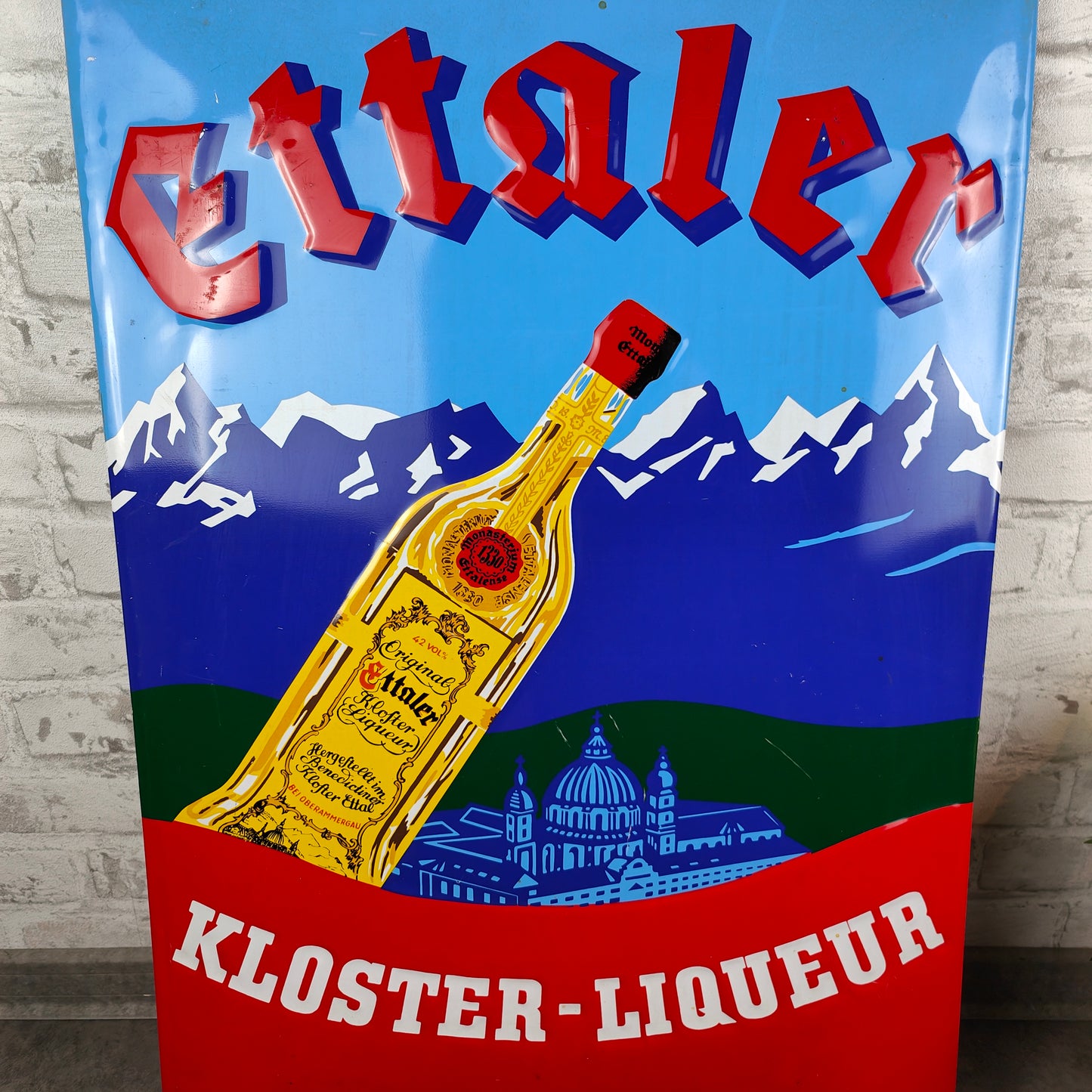 Blechschild Ettaler Kloster Liqueur Reklameschild Werbeschild Plakat Industrie Berlin Schild Werbetafel retro Kult Barschild Schnaps vintage