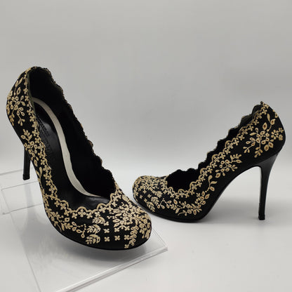 Alexander McQueen High Heels lace Gr. 39 schwarz ivory bestickt Absatz Leder Blumenspitze floral Nostalgie Hochzeit Schuhe